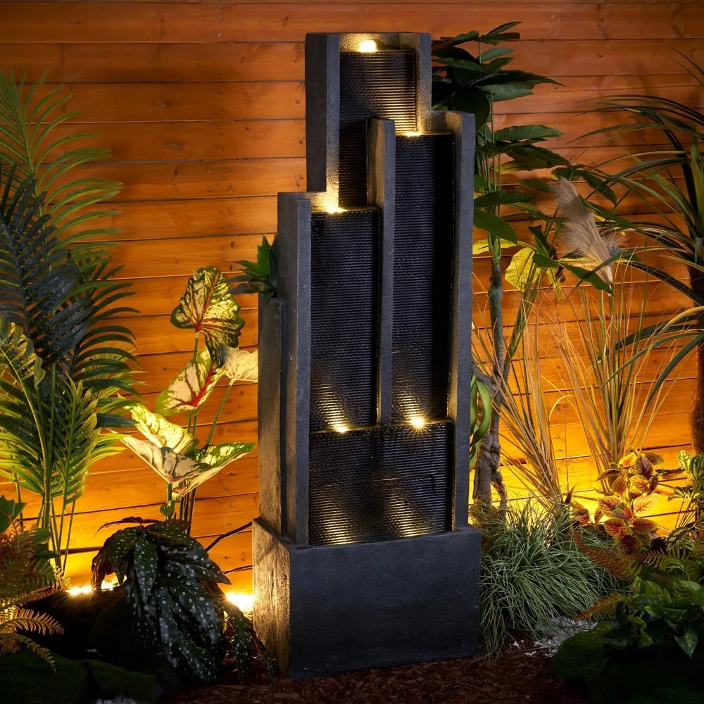 4-Tier Modern Outdoor Water Fountain with LED Lights