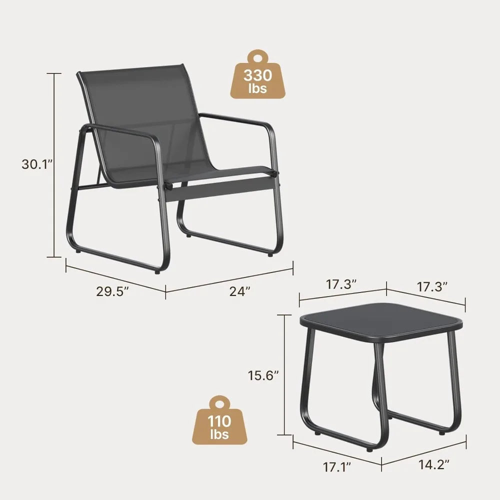 Patio Chairs Set of 2 with Metal Frame Glass Table Outdoor Furniture