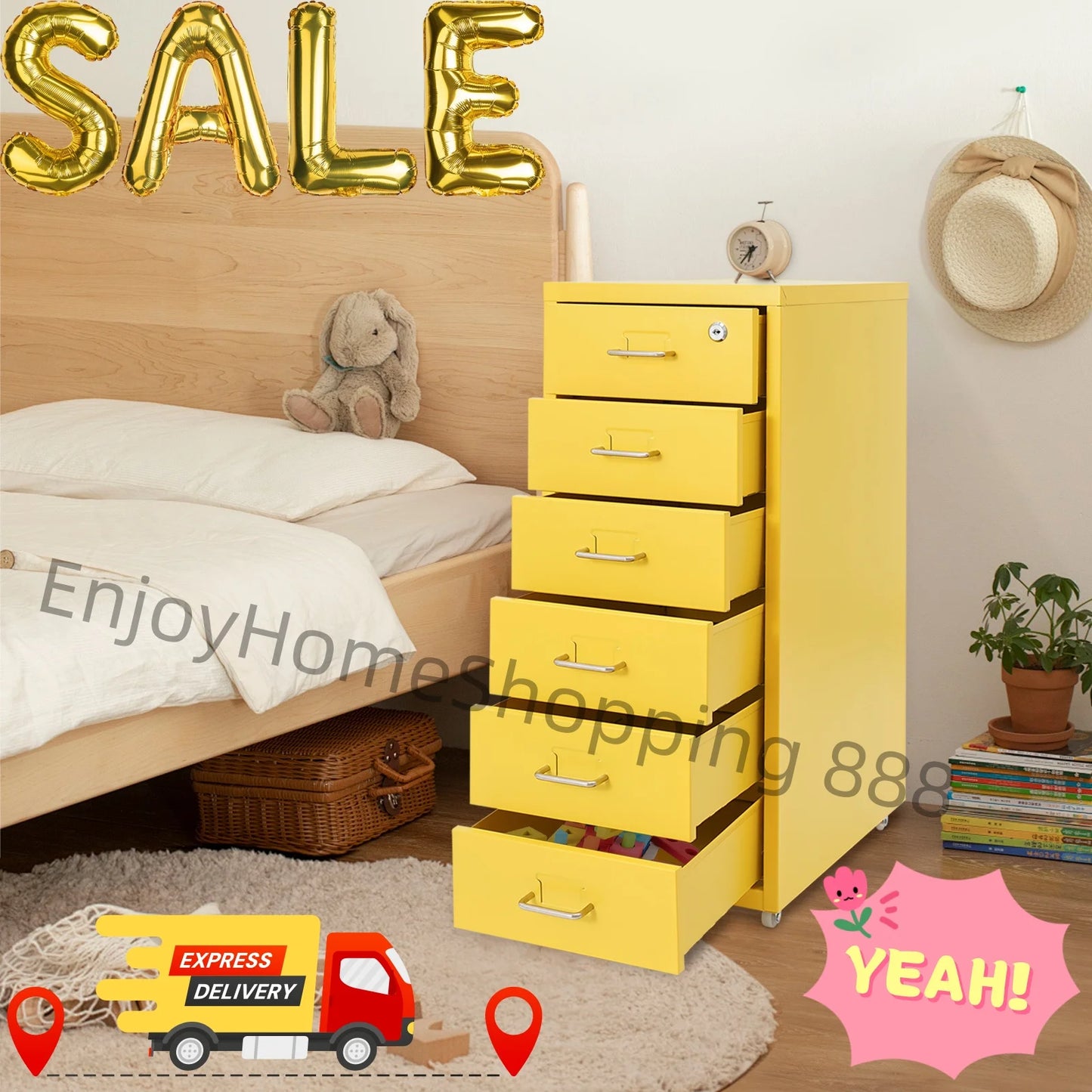 Yellow Metal File Cabinet With Wheels For Office Storage
