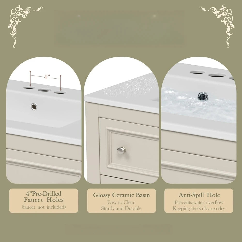 36 Inch Country Bathroom Vanity with Sink and Storage Cabinet