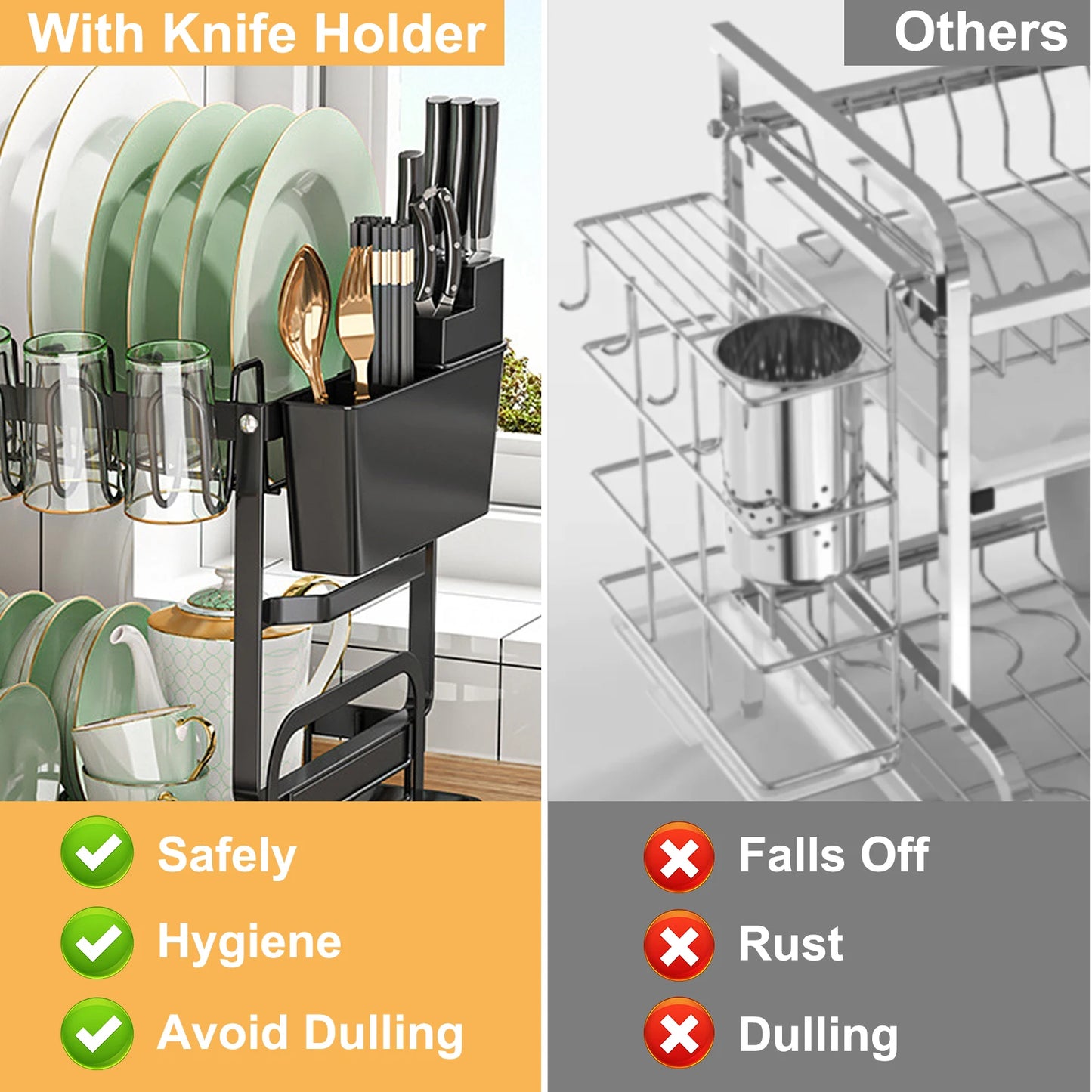 2 Tier Dish Racks for Kitchen Counter Dish Drying Rack with Dish Drainer, Durable Stainless Steel Dish Rack Drain Set with Uten