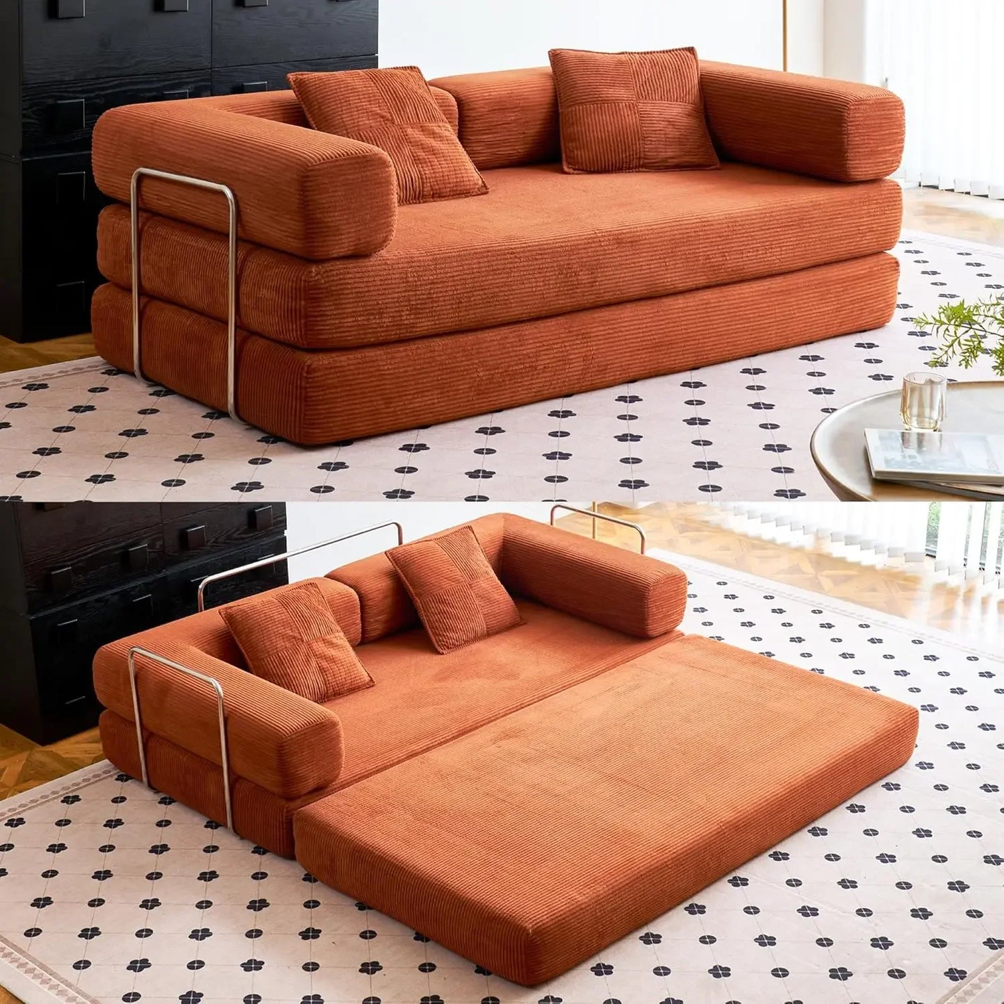 Convertible Compression Sofa Bed with Pillow Back Support and Armrest