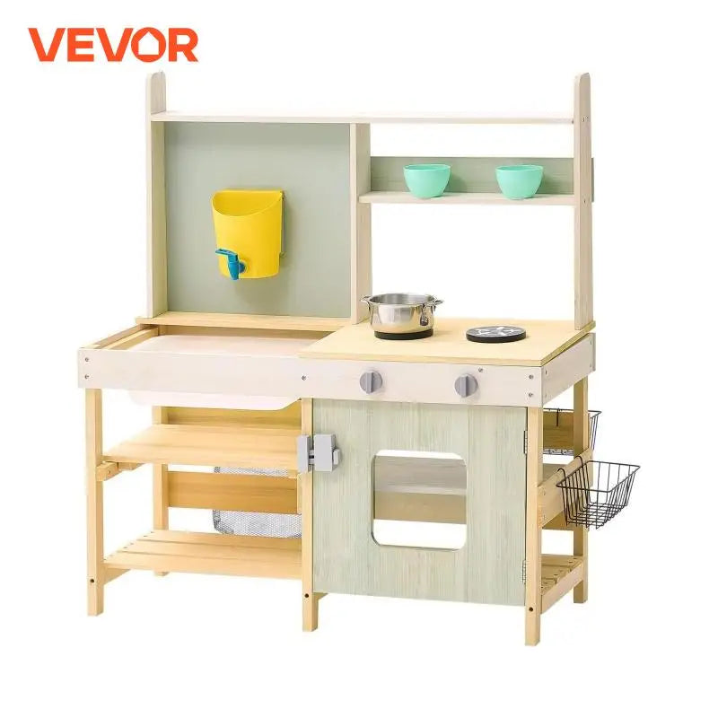VEVOR Children Wooden Mud Kitchen Toy Toddler Outdoor Play Kitchen Set with Stoves Faucet & Cookware Pots for Kids Girls Gifts