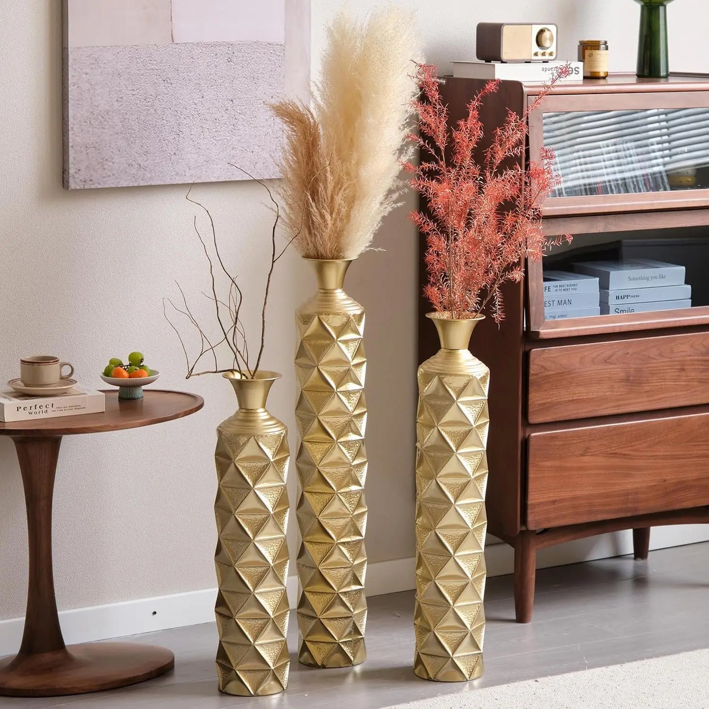 Gold Floor Vases Set of 3 Tall Metal Decorative Home Decor