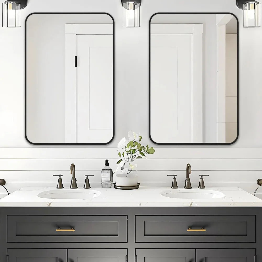Bathroom Mirror 24x36 Rectangle Mirror with Matte Metal Frame, Big Rounded Rectangular Vanity Mirrors Black