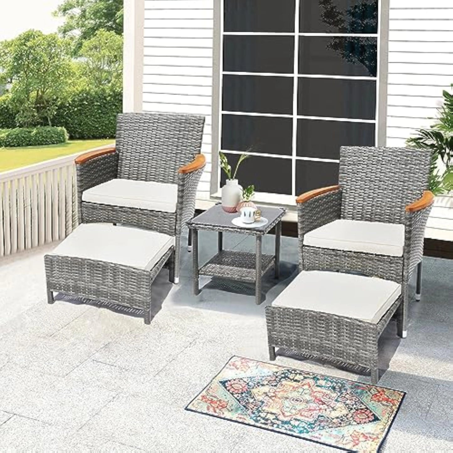 5 Piece Outdoor Wicker Patio Furniture Set with Cushions