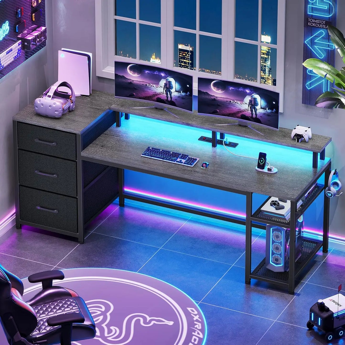 59 Inch Reversible Office Desk with Drawers and LED Lights