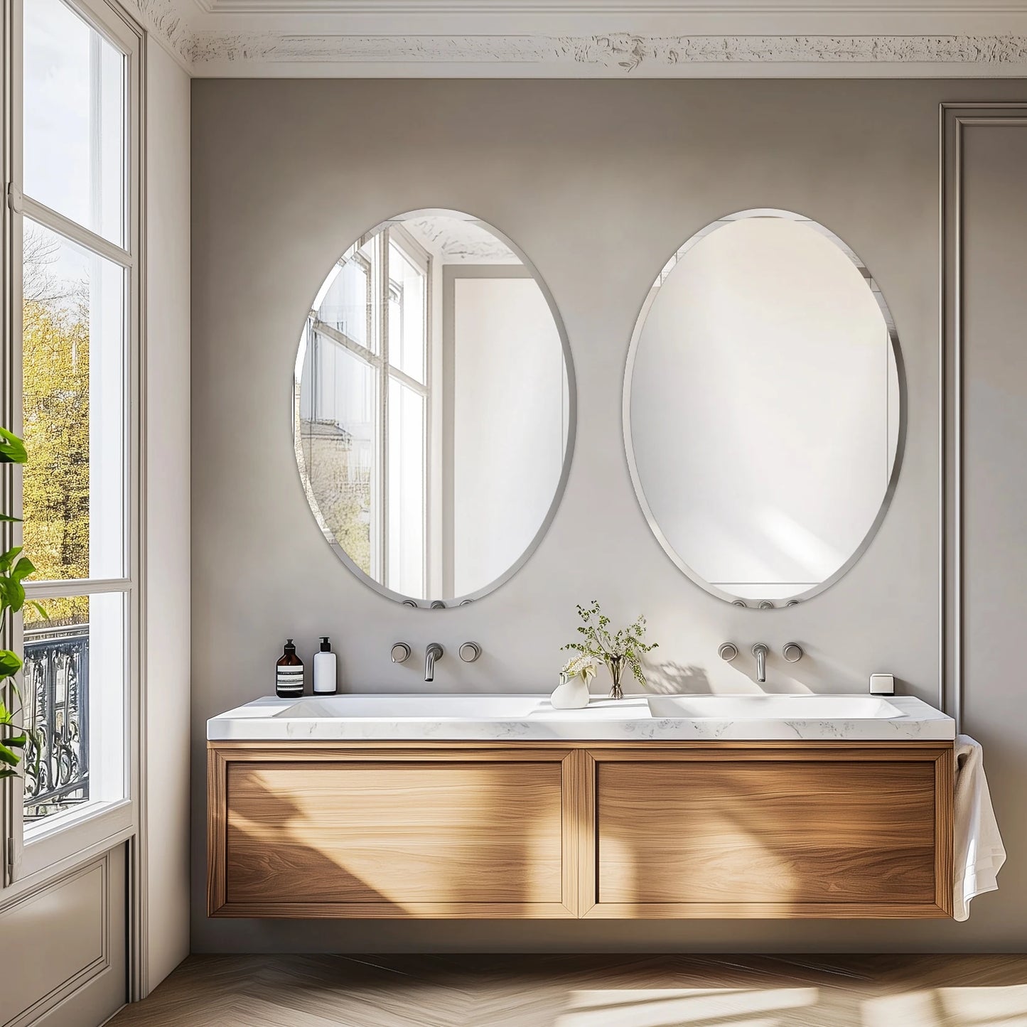 50/60CM Oval Mirror for Bathroom Entryway Living Room Beveled Edge Frameless Vanity Makeup Mirror Horizontal or Vertical