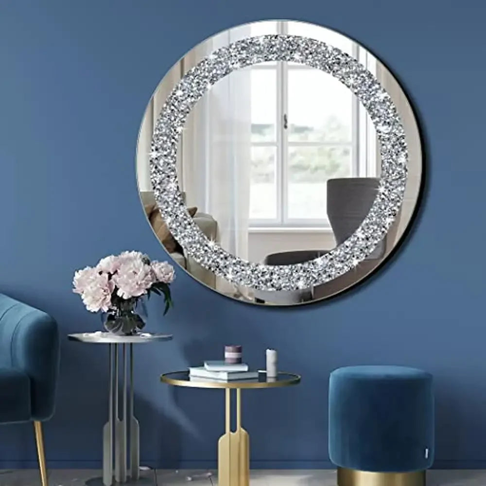 Round Crystal Diamond Mirror Frameless Silver Wall Decor