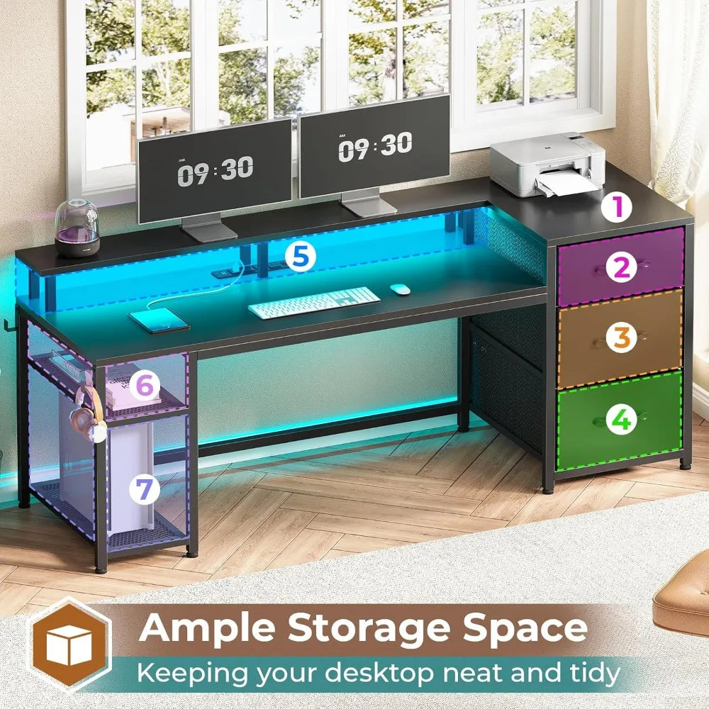 59 Inch Reversible Office Desk with Drawers and LED Lights