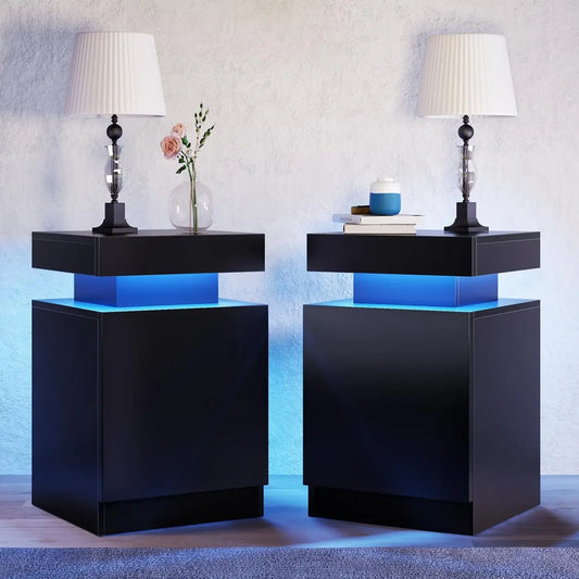 Modern Nightstand Set of 2 with LED Lights and Storage Cabinet
