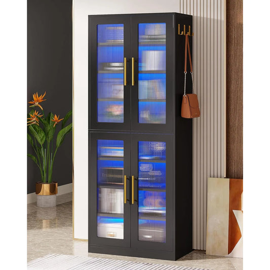 Bookcase with Doors and LED Light, 67-inch Tall Bookshelf with 8-Tier Shelves for Living Room, Bathroom, Office, Kitchen