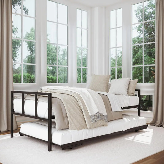 Twin Daybed with Fold Up Trundle Durable Black Frame Set