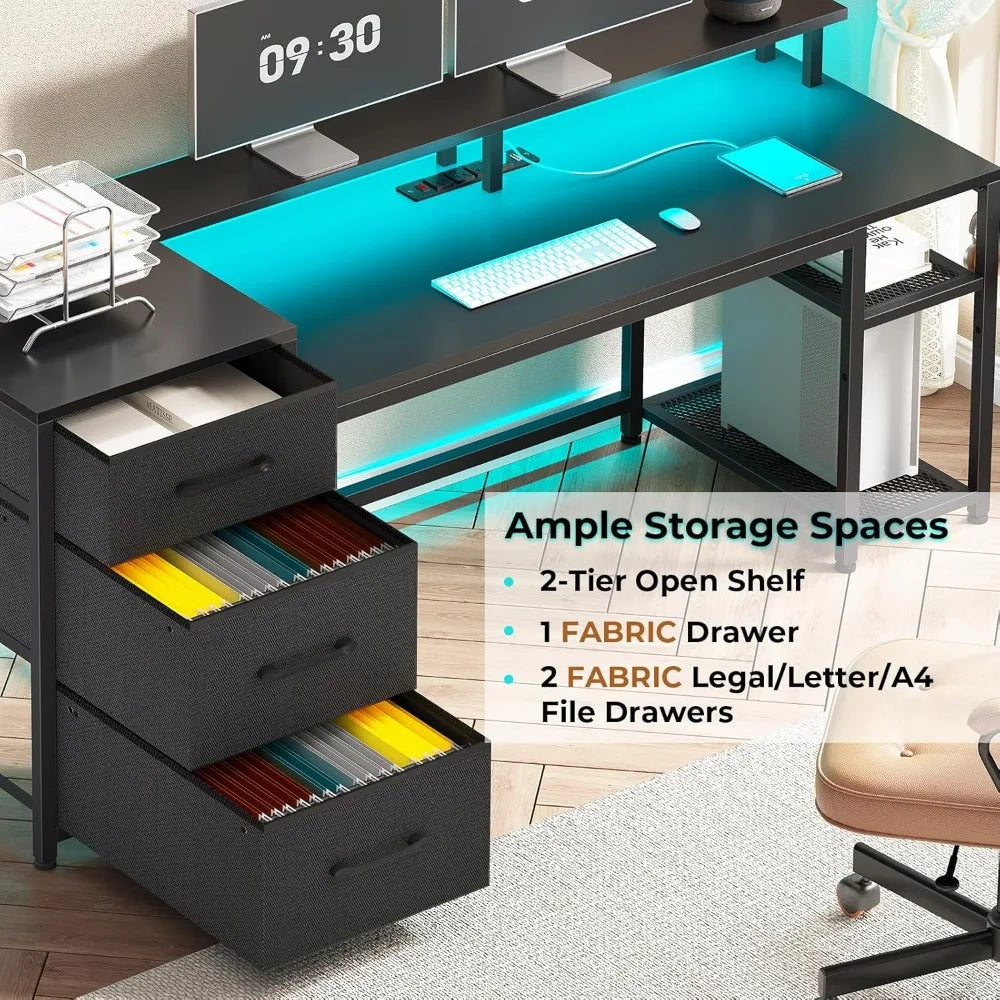 59 Inch Reversible Office Desk with Drawers and LED Lights