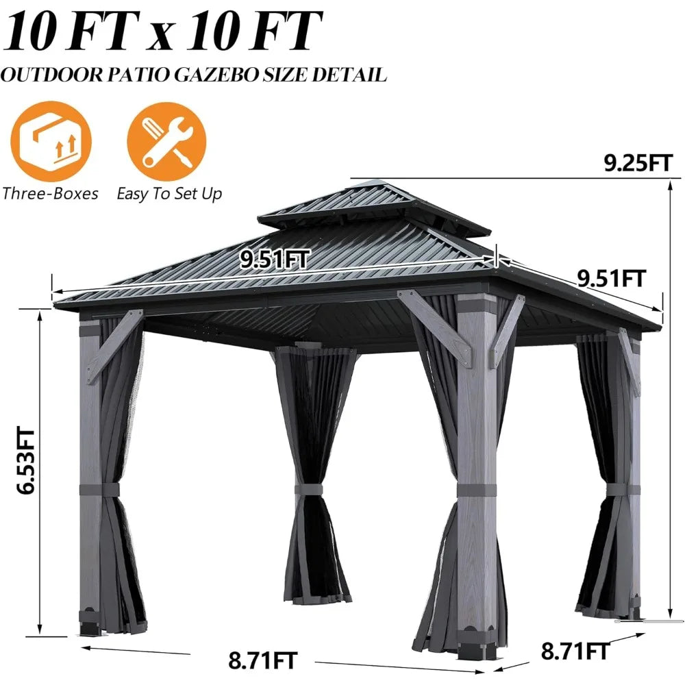 10X10 Outdoor Wood Gazebo With Hardtop And Curtains