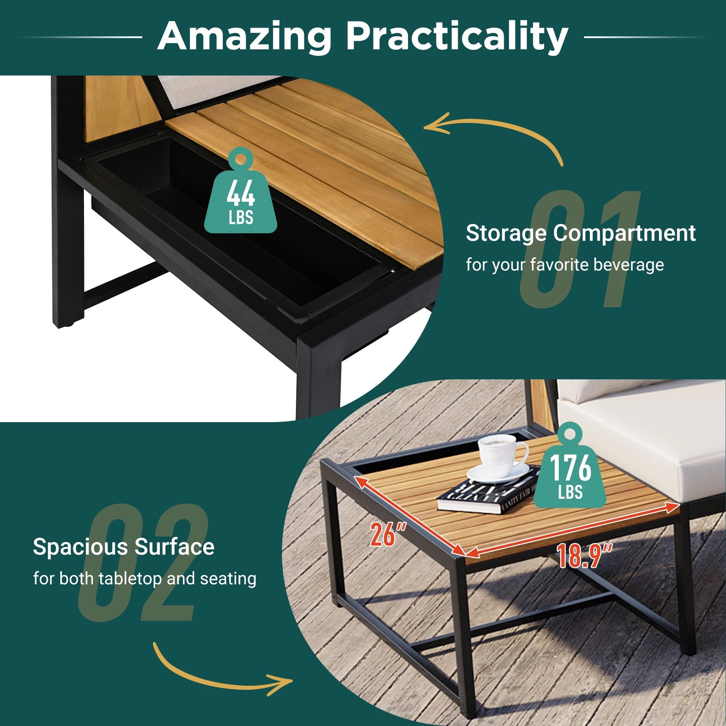 Patio Sectional Sofa Set With Built In Table And Cushions