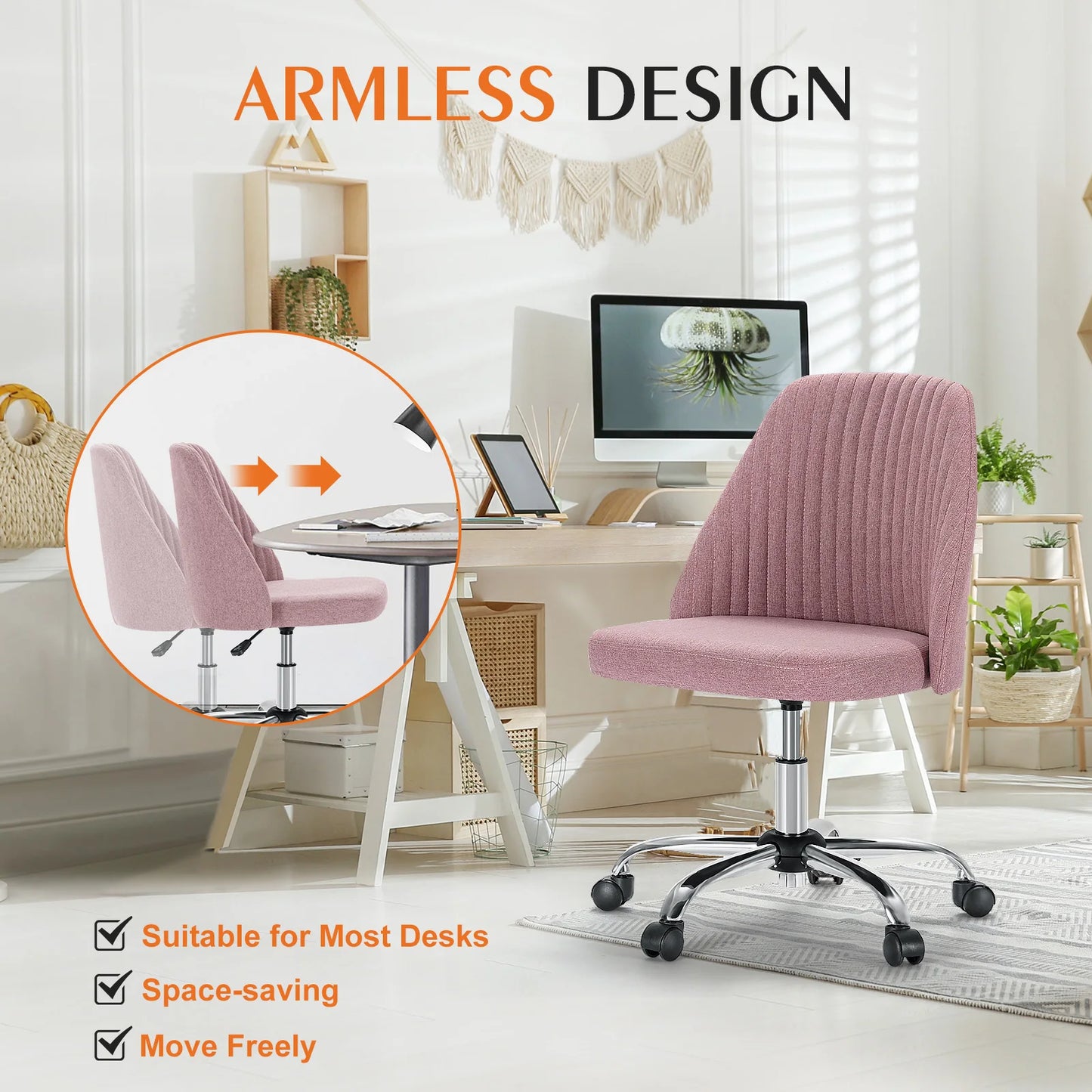 Armless Small Desk Chair With Wheels And Back Support