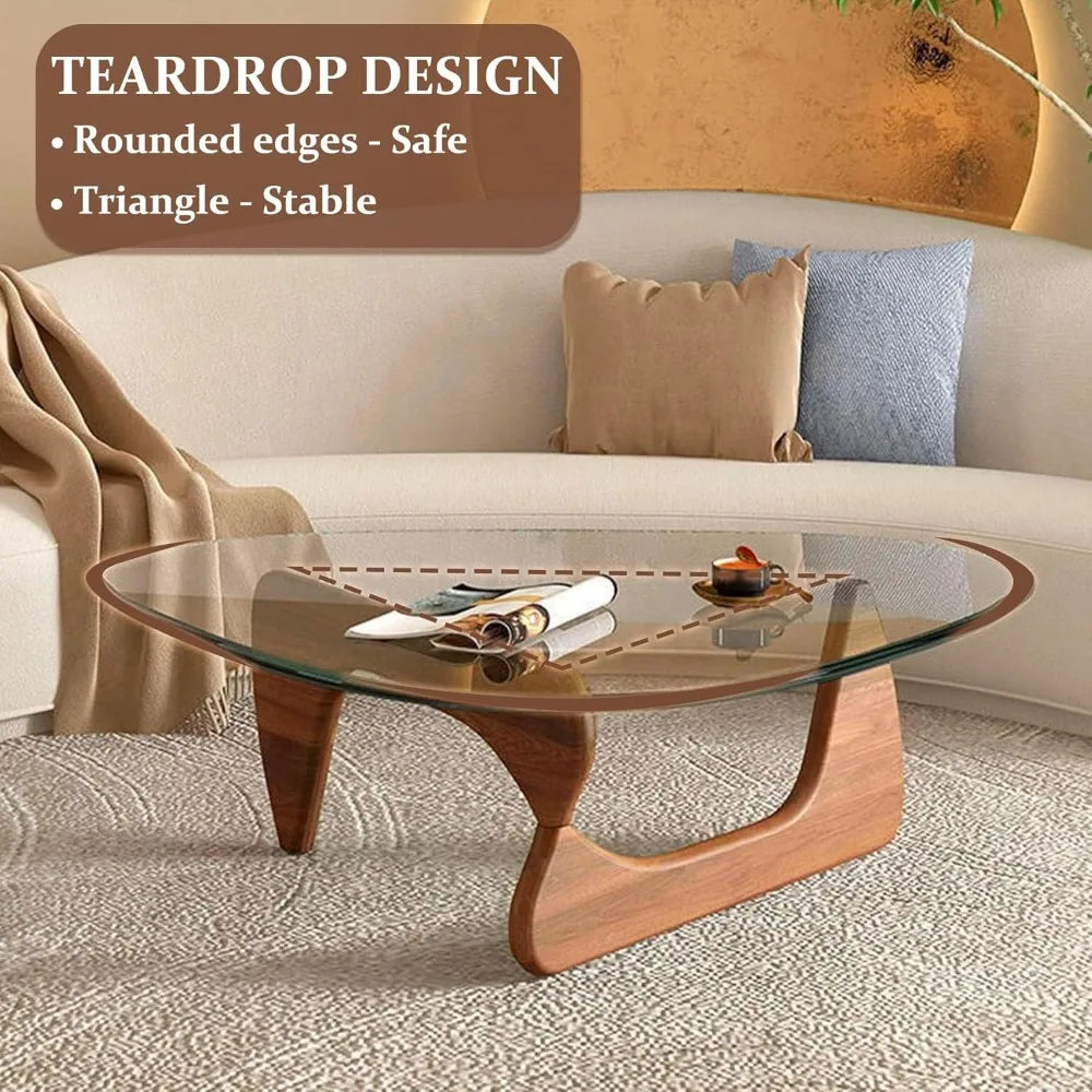 Modern Triangle Glass Coffee Table with Wooden Base for Living Room