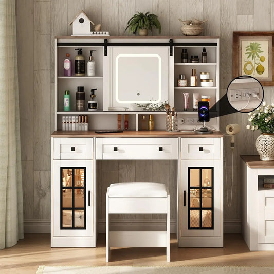 Vabches Large Vanity Desk with Lights and Charging Station