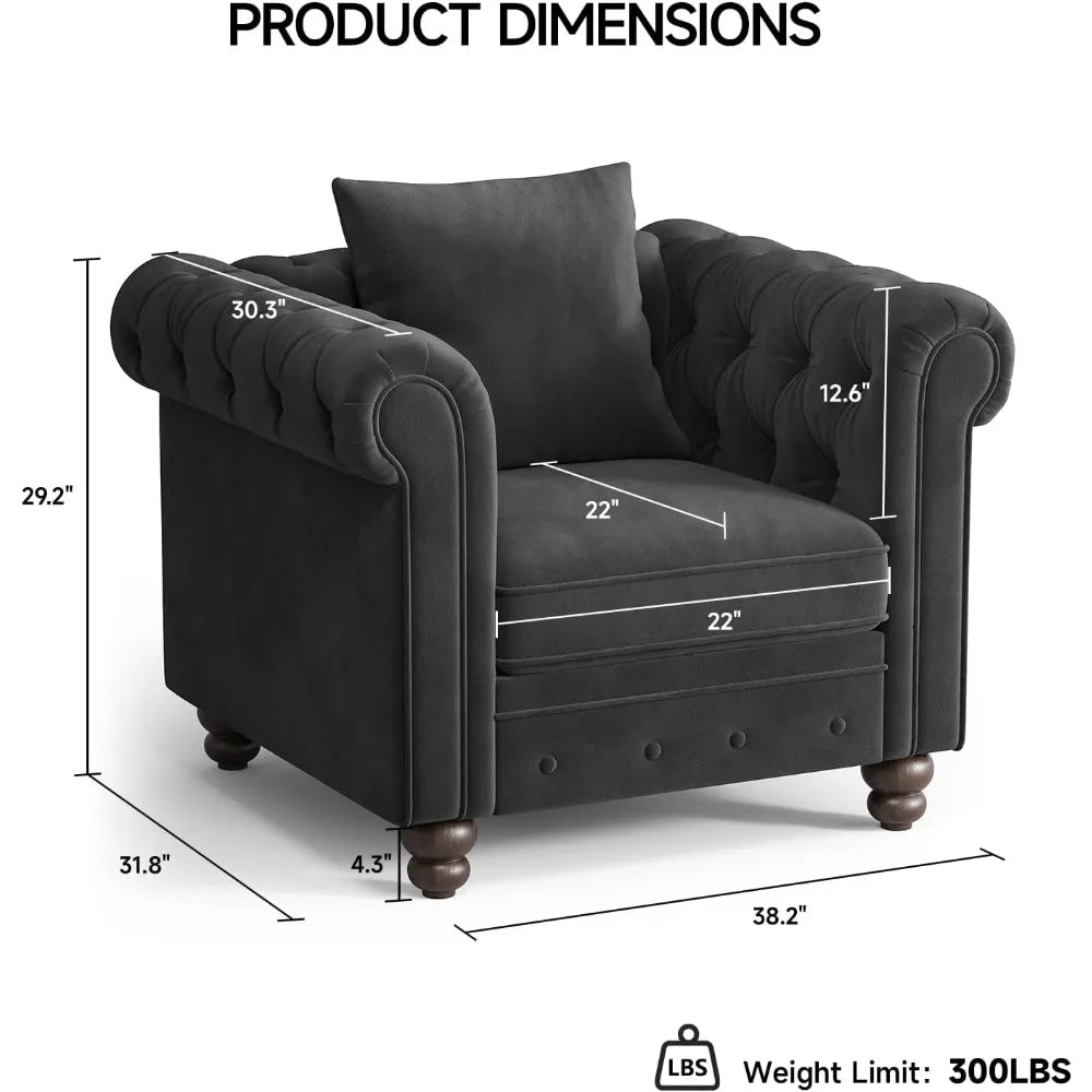 Velvet Armchair, Chesterfield Chair for Living Room, Tufted Accent Chair with Throw Pillow, Comfy Rolled Arm Club Chair, Springs