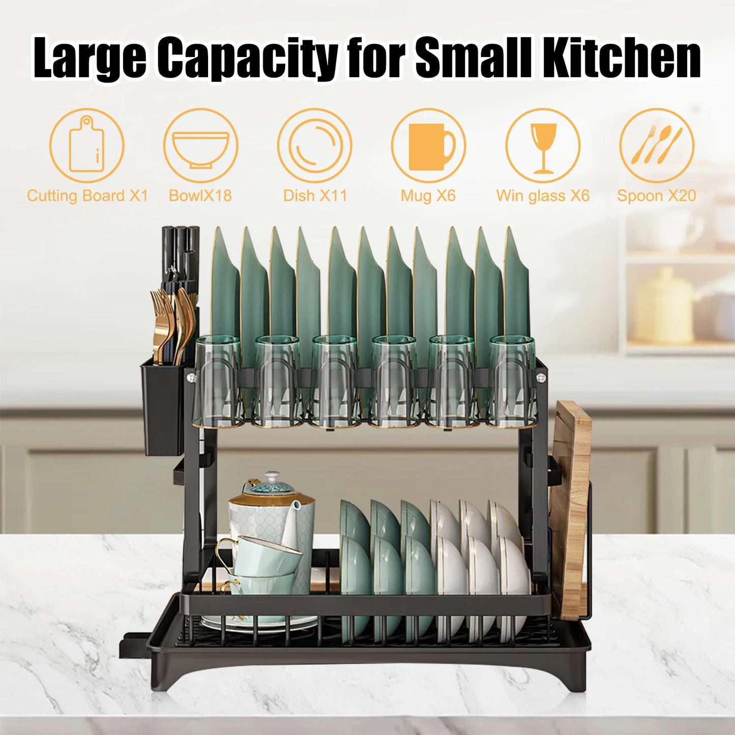 2 Tier Dish Racks for Kitchen Counter Dish Drying Rack with Dish Drainer, Durable Stainless Steel Dish Rack Drain Set with Uten