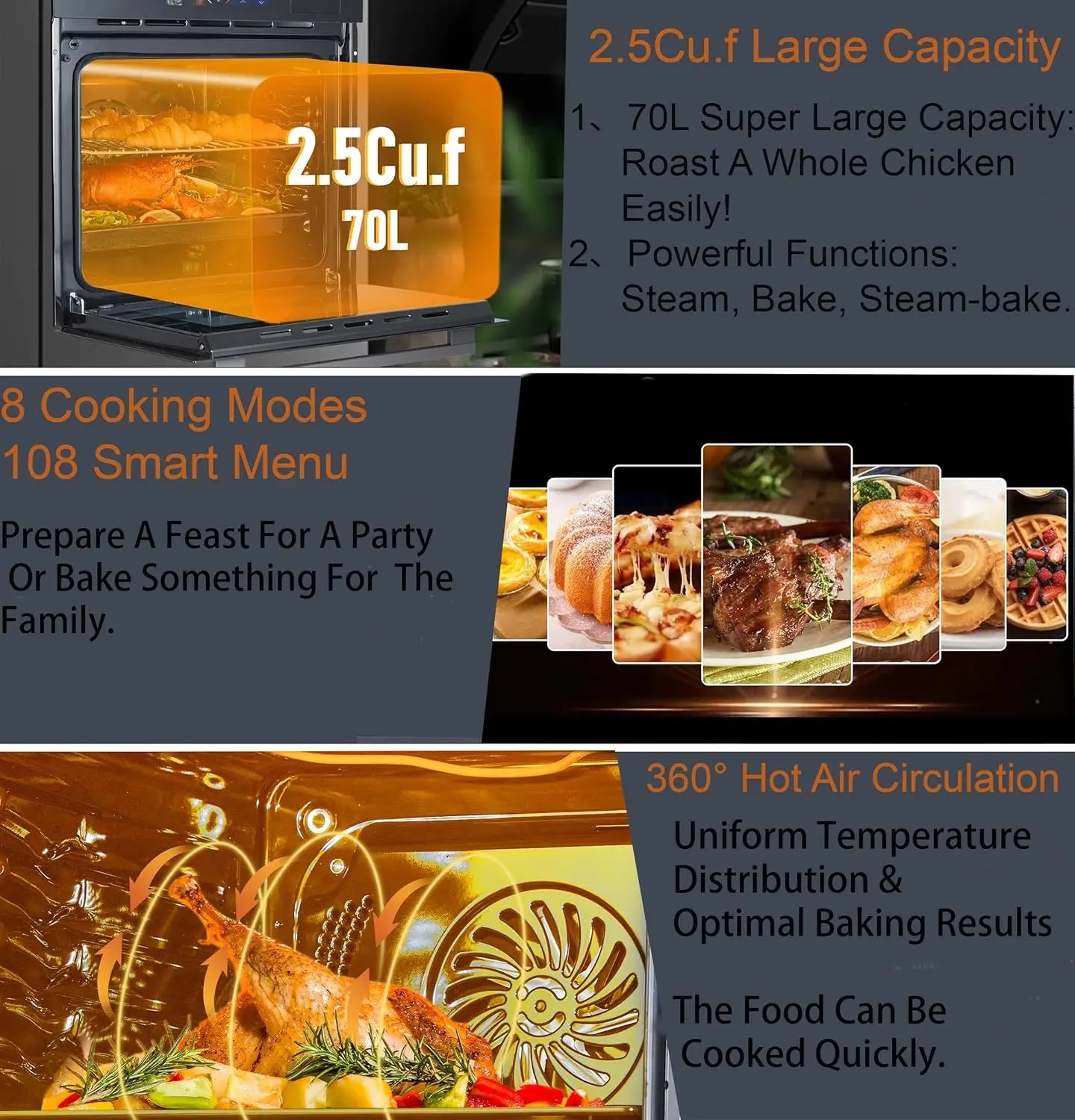 Built-In Electric Oven 24 Inch With Steam And Grill