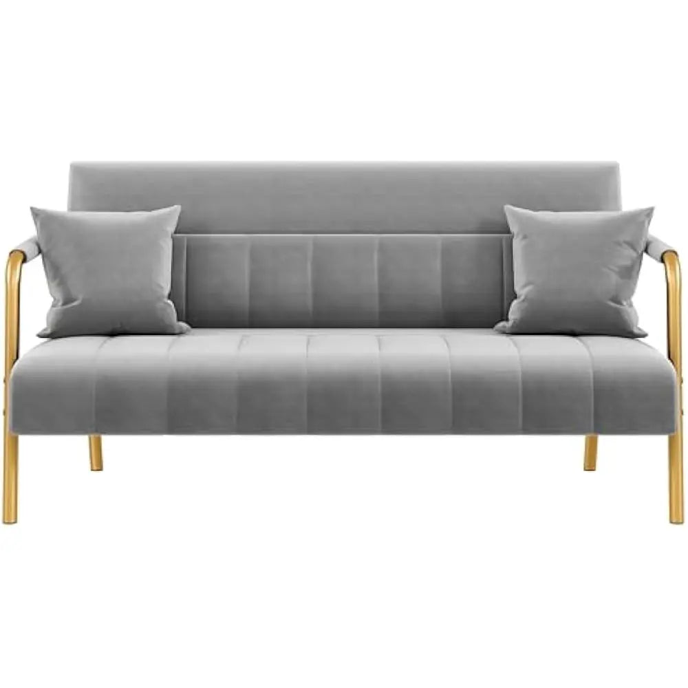 Luxurious Velvet Sofa with Gold-Tone Metal Arms and Legs