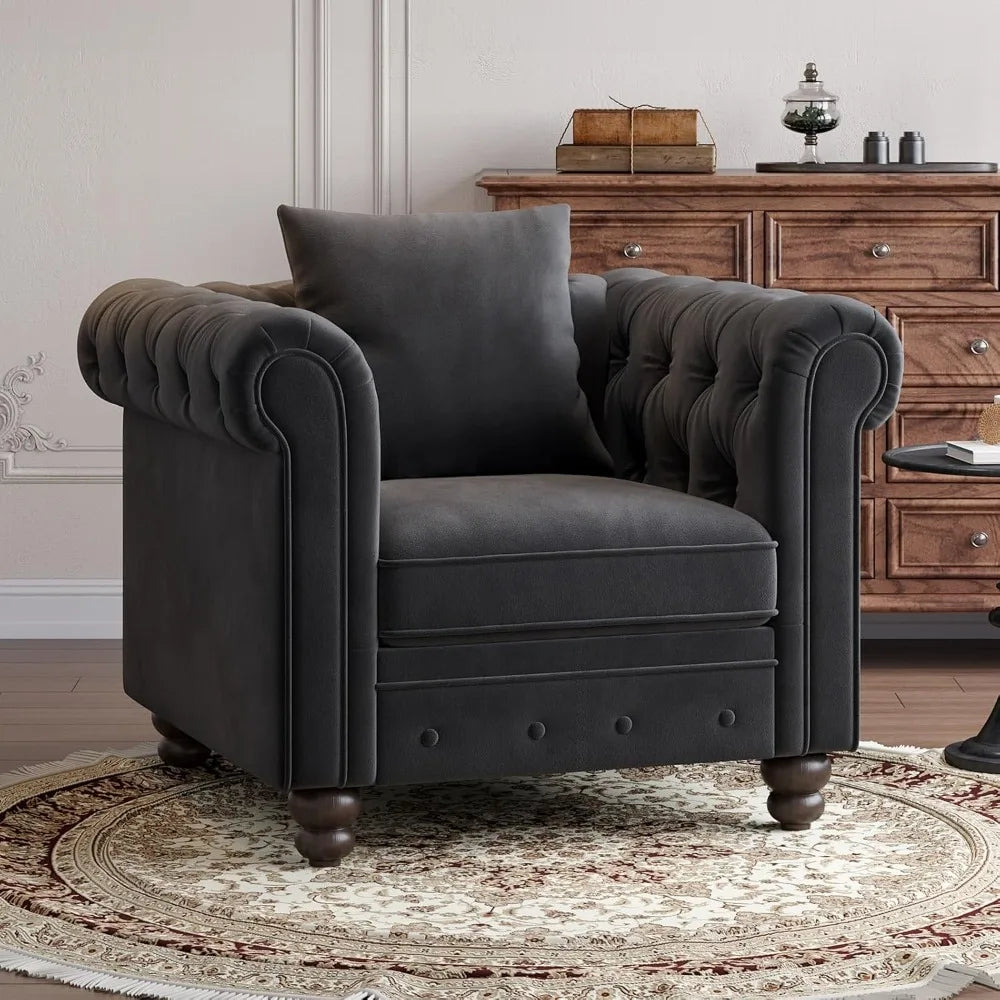 Velvet Armchair, Chesterfield Chair for Living Room, Tufted Accent Chair with Throw Pillow, Comfy Rolled Arm Club Chair, Springs