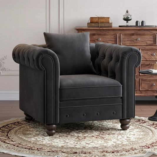 Velvet Armchair, Chesterfield Chair for Living Room, Tufted Accent Chair with Throw Pillow, Comfy Rolled Arm Club Chair, Springs