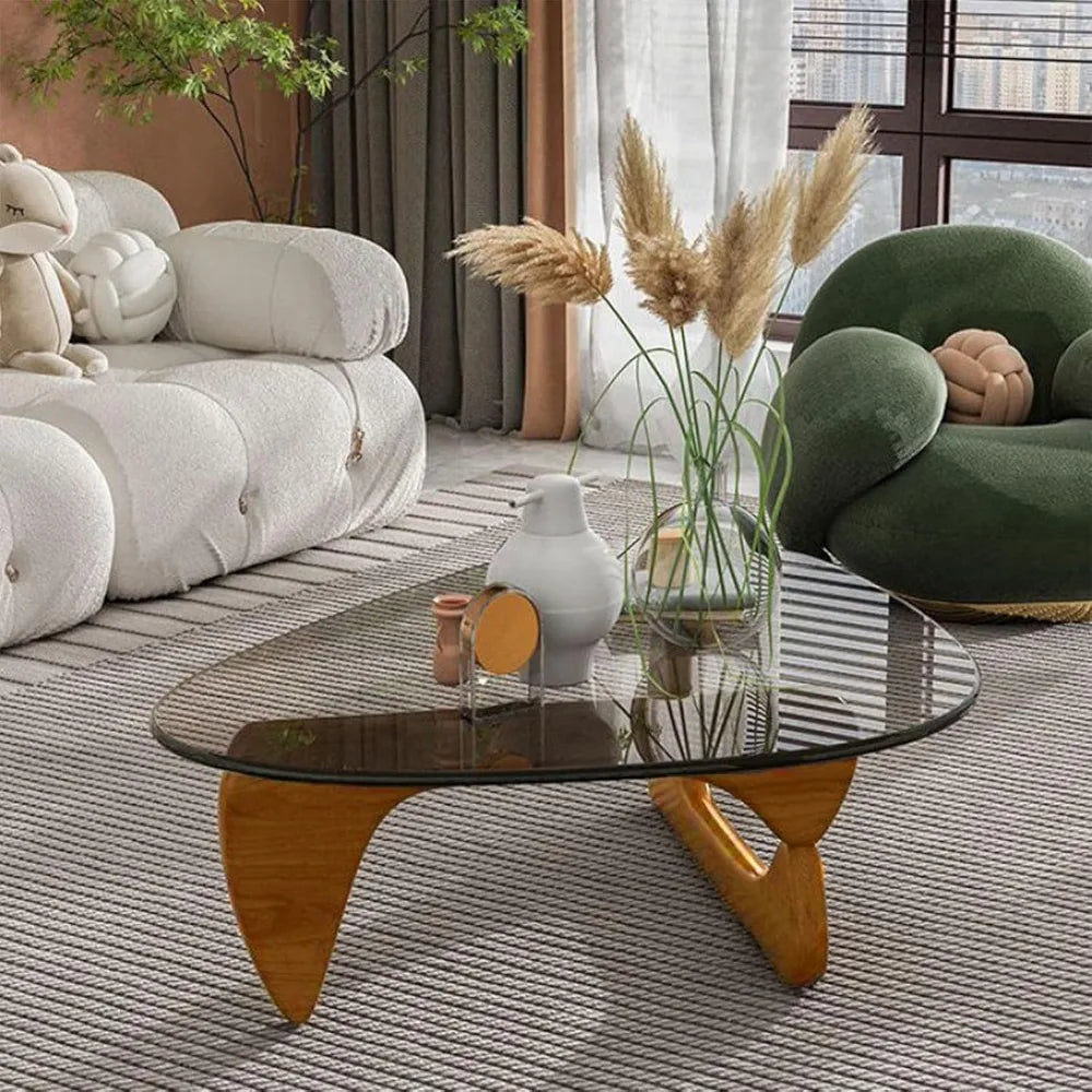 Modern Triangle Glass Coffee Table with Wooden Base for Living Room