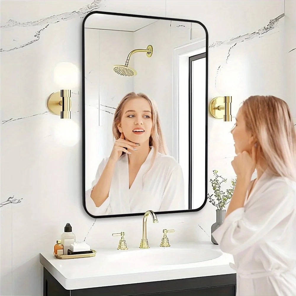 Bathroom Mirror 24x36 Rectangle Mirror with Matte Metal Frame, Big Rounded Rectangular Vanity Mirrors Black