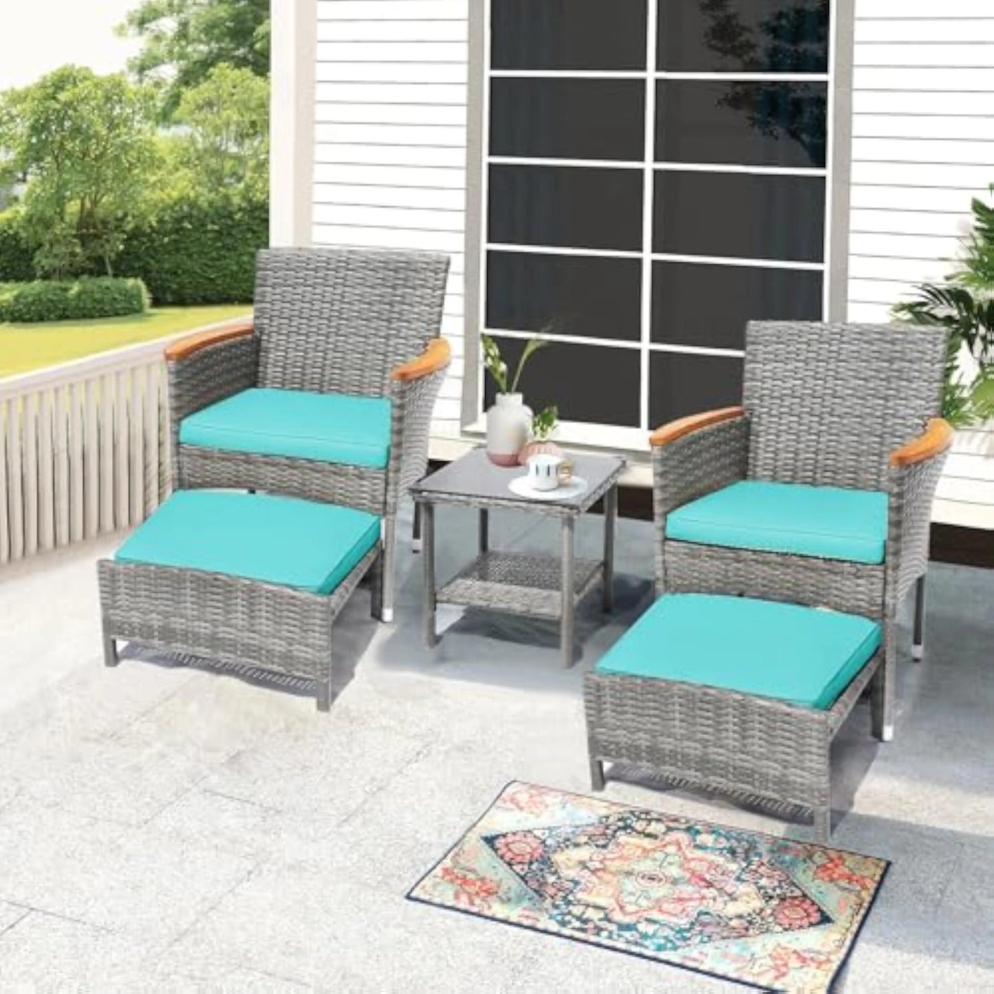 5 Piece Outdoor Wicker Patio Furniture Set with Cushions