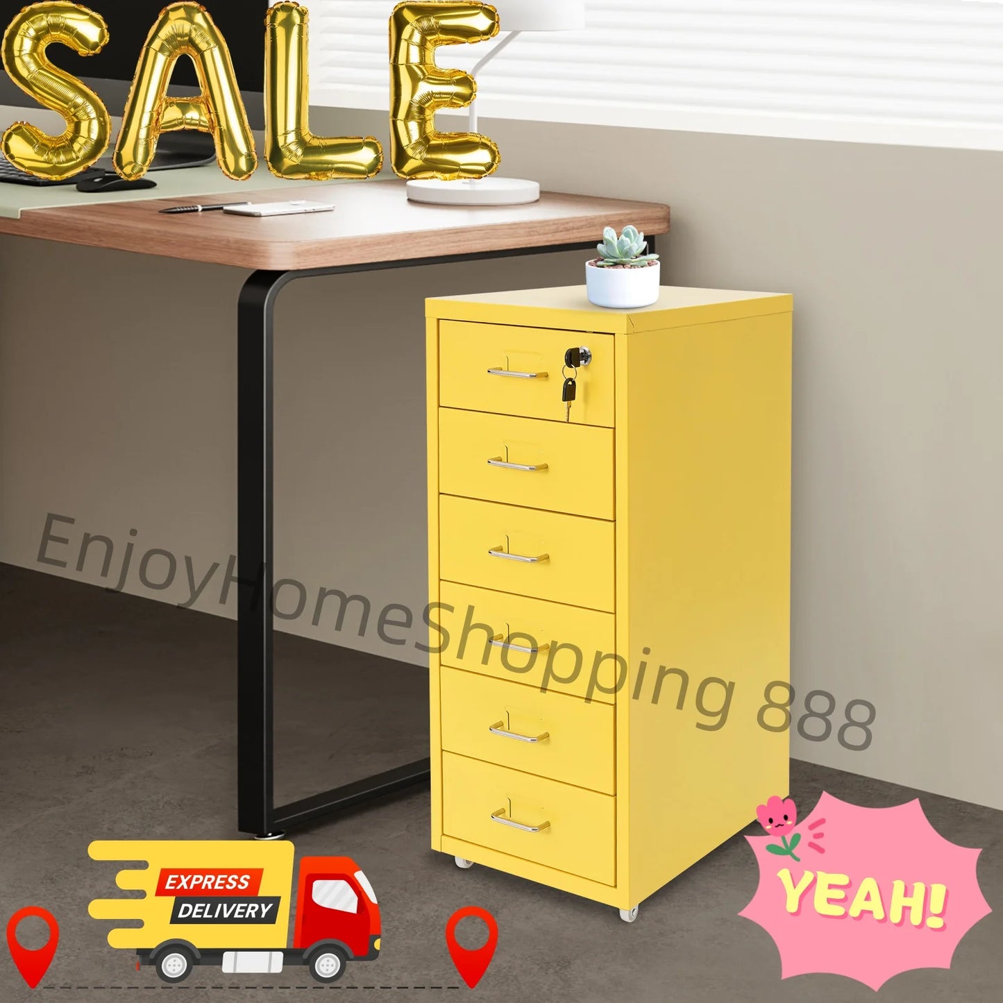 Yellow Metal File Cabinet With Wheels For Office Storage
