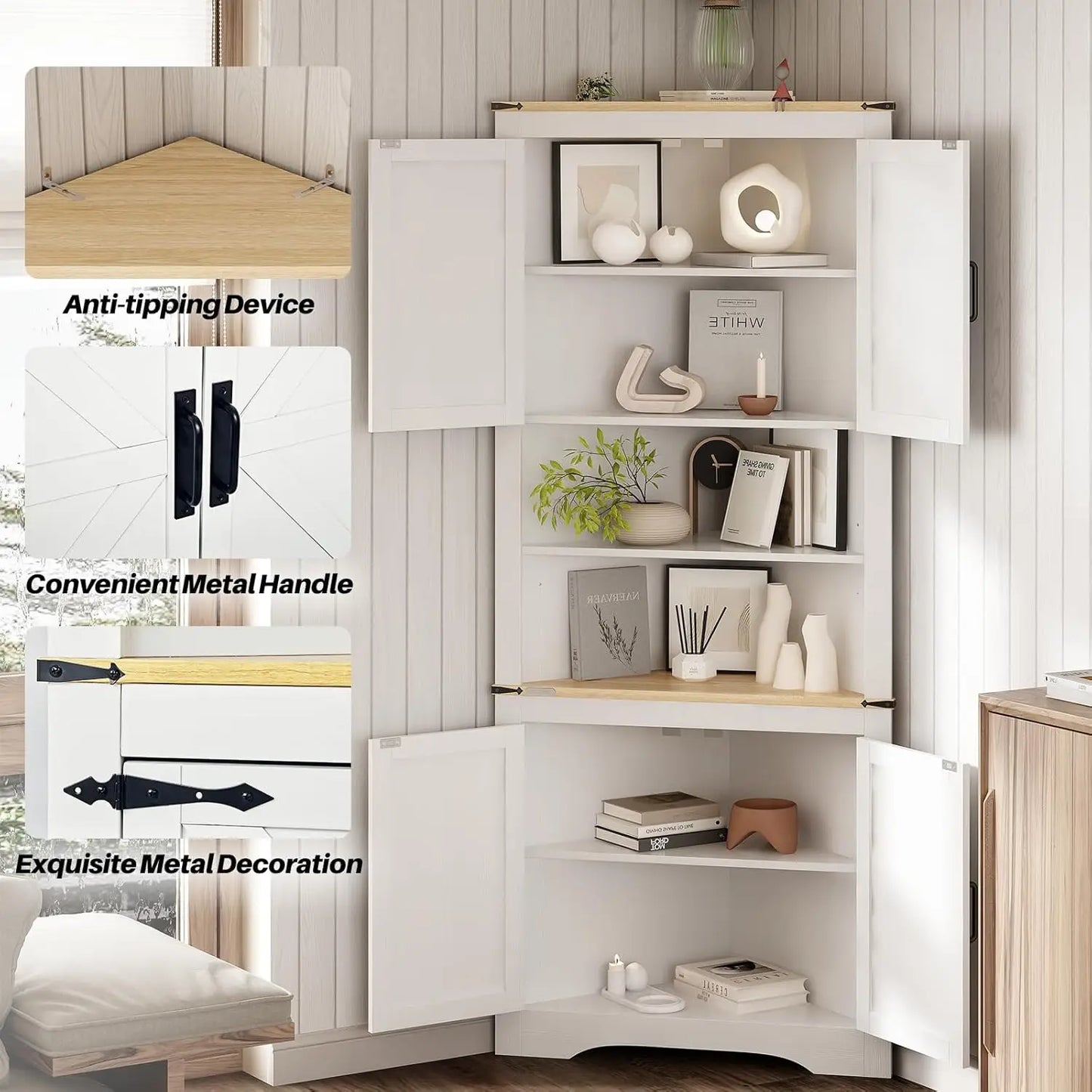 Redlife 70.5''Tall Corner Cabinet, Farmhouse Storage Cabinet with Barn Door Design & Adjustable Shelves for Bathroom Living Room