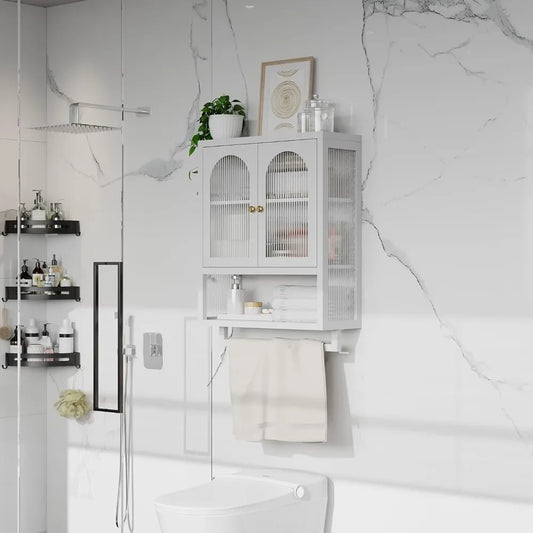 Bathroom Wall Mount Cabinet with Glass Doors and Storage Drawers