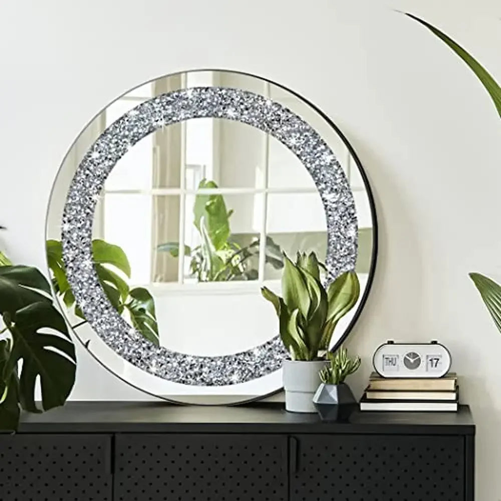 Round Crystal Diamond Mirror Frameless Silver Wall Decor