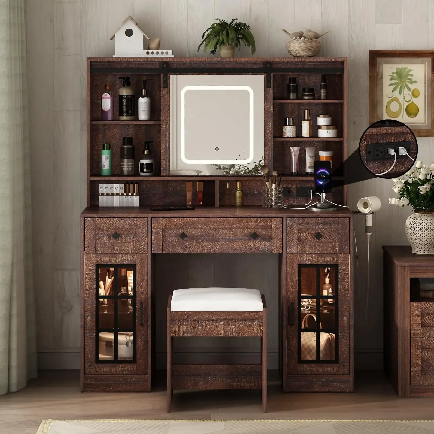 Vabches Large Vanity Desk with Lights and Charging Station