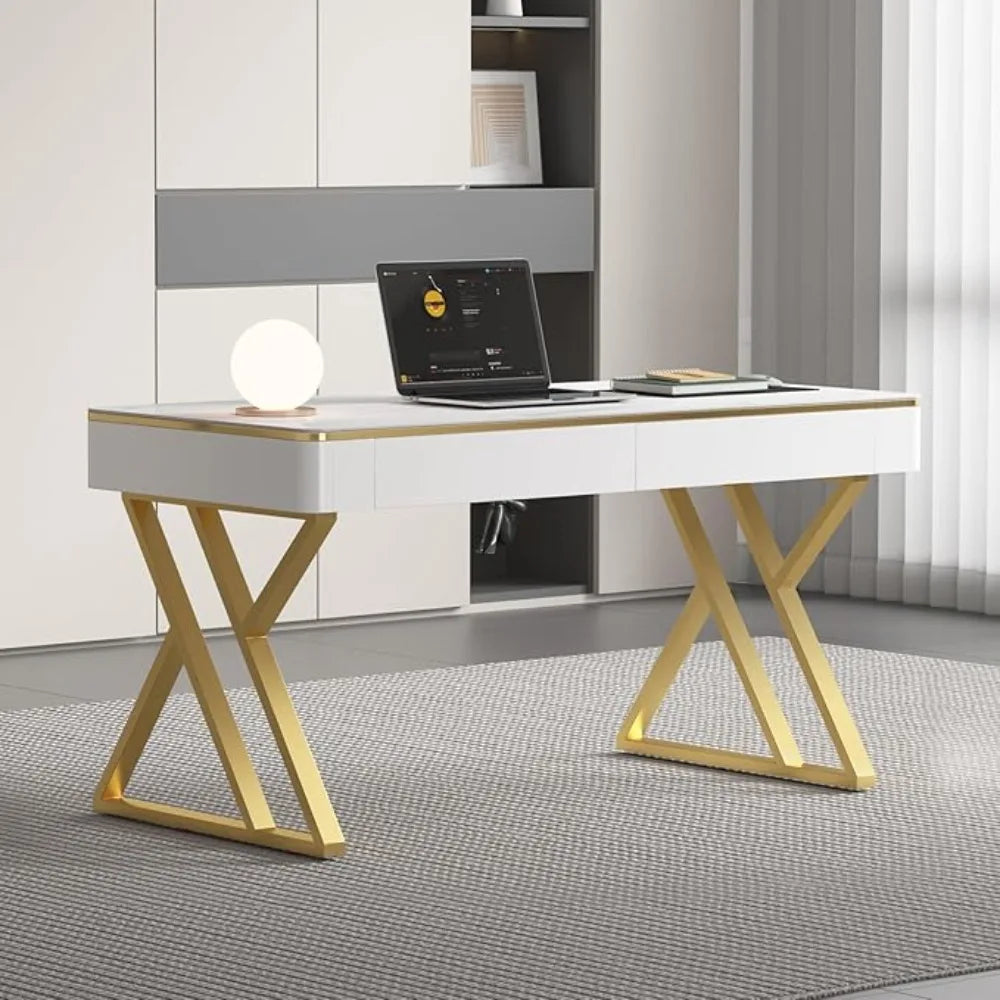 White Wooden Office Computer Desk with Tempered Glass Top and Storage Drawers