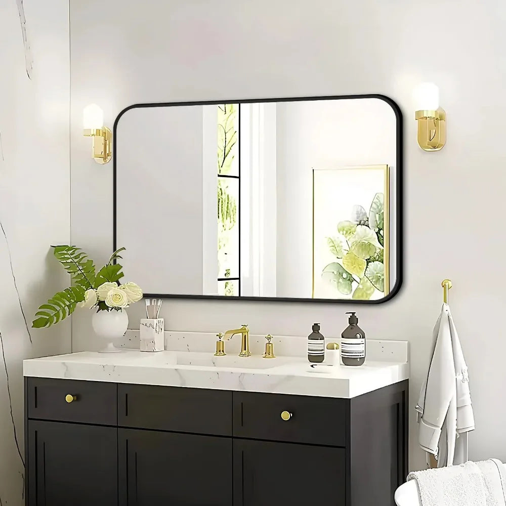Bathroom Mirror 24x36 Rectangle Mirror with Matte Metal Frame, Big Rounded Rectangular Vanity Mirrors Black