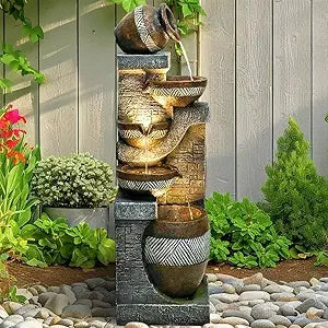 4-Tier Modern Outdoor Water Fountain with LED Lights