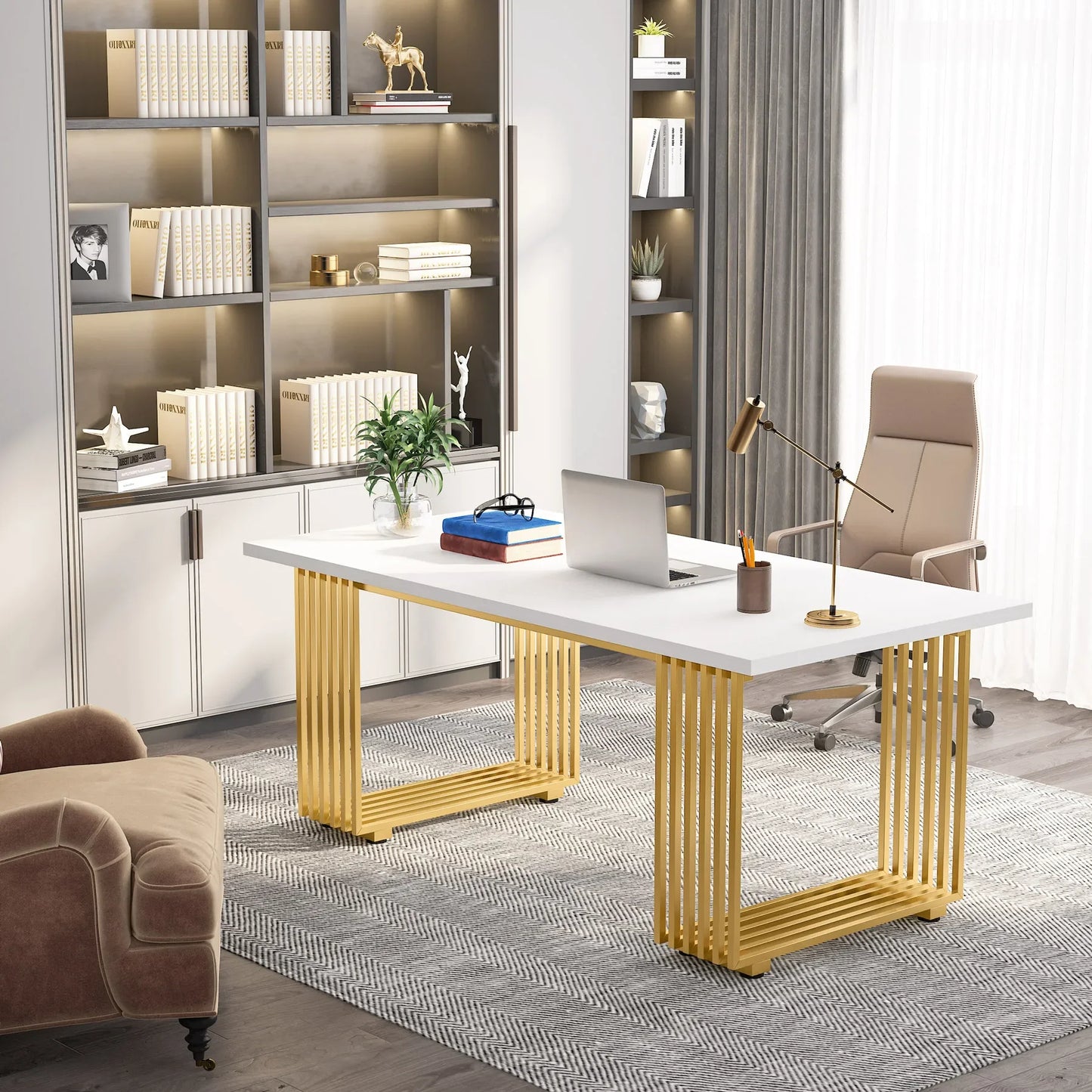 Tribesigns Modern Office Desk With Gold Metal Legs Premium