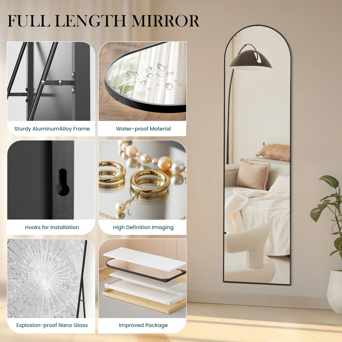 JHK Full Body Wall Mirror with Aluminum Alloy Frame Full Length Reflection