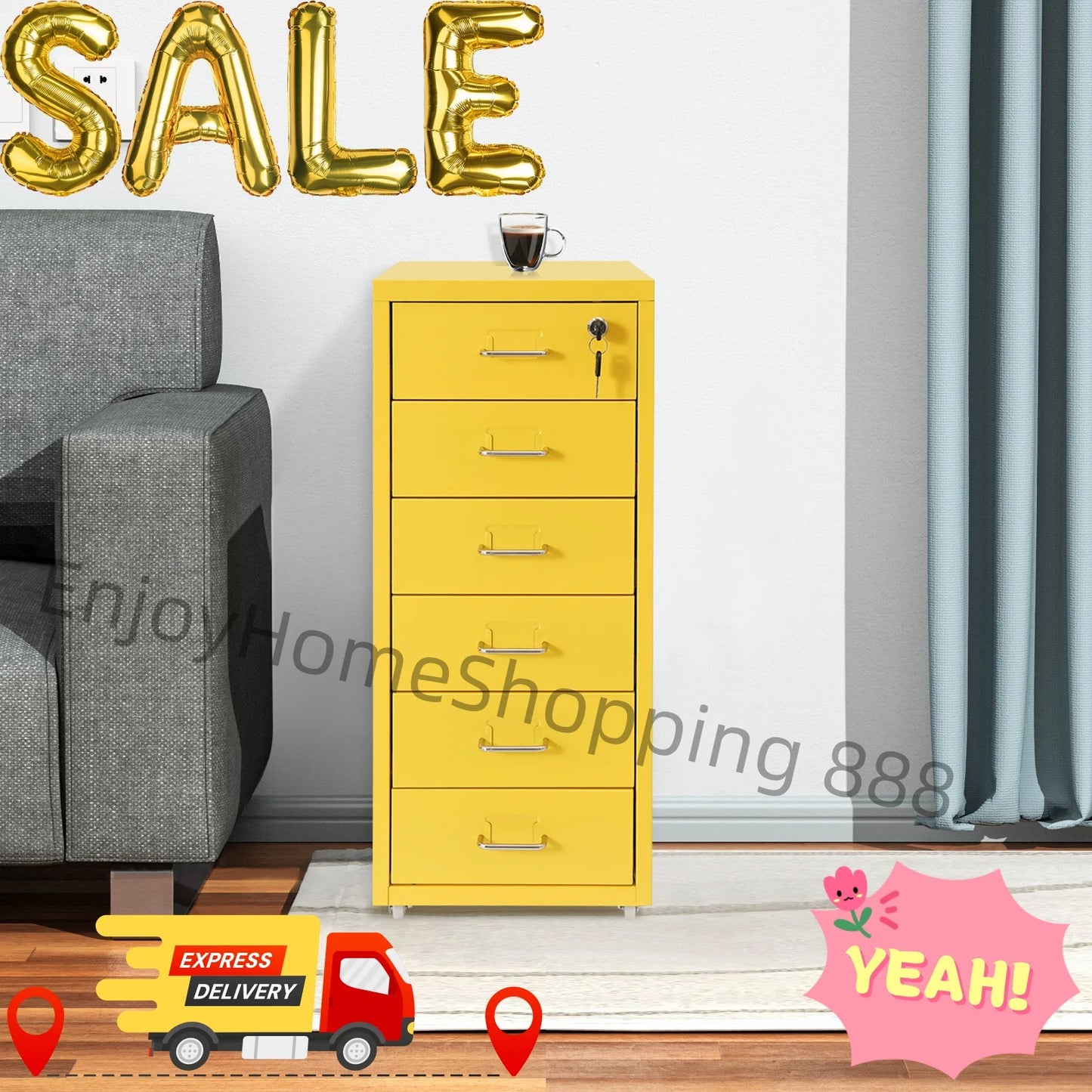 Yellow Metal File Cabinet With Wheels For Office Storage