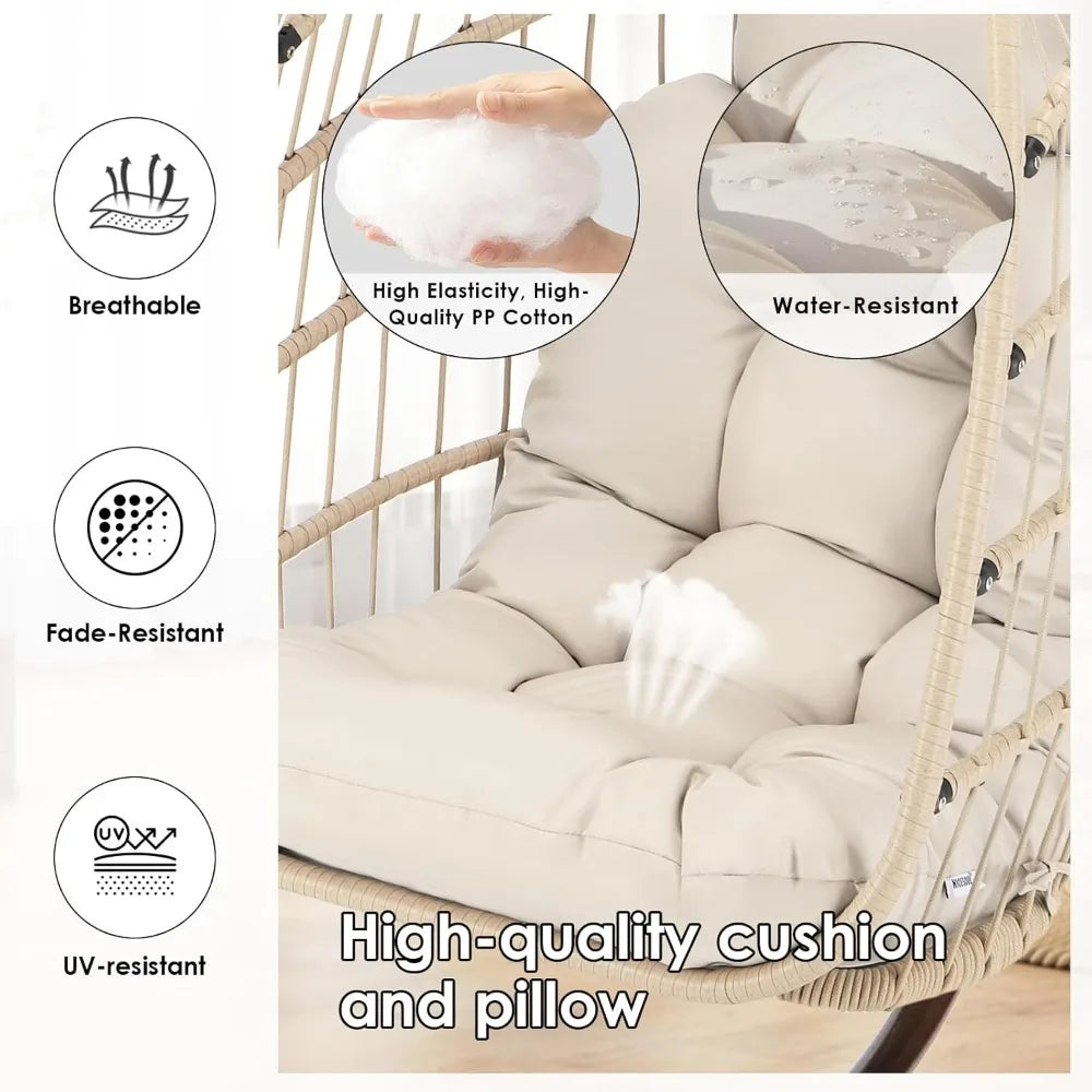 Beige Hanging Swing Chair with Stand Heavy Duty Patio Egg Chair