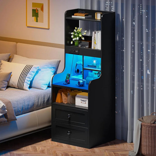 Tall Nightstand with LED Lights and USB Charging Station