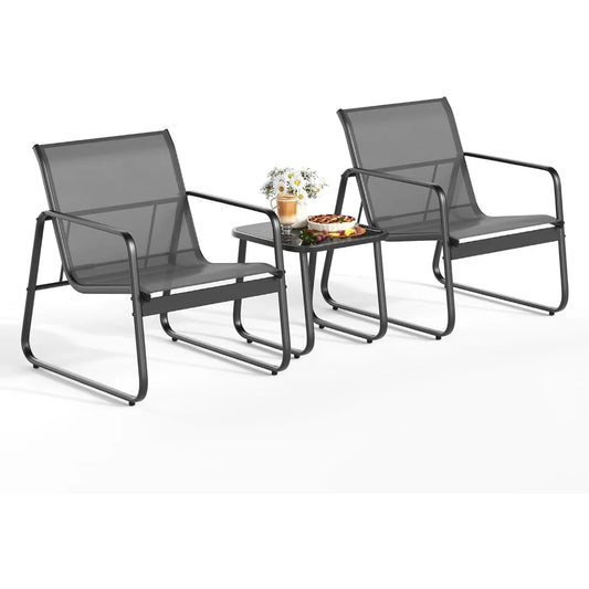 Patio Chairs Set of 2 with Metal Frame Glass Table Outdoor Furniture