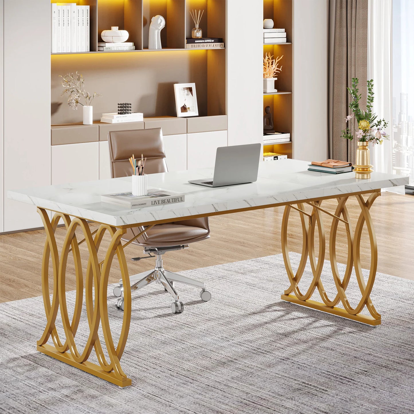 Modern Office Desk With Gold Metal Legs 70.9 Inch Wooden Executive Desk For Large Workstations