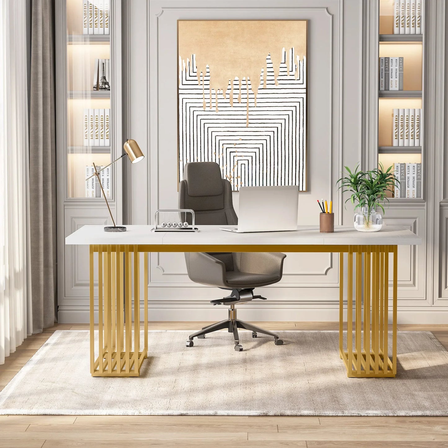 Tribesigns Modern Office Desk With Gold Metal Legs Premium