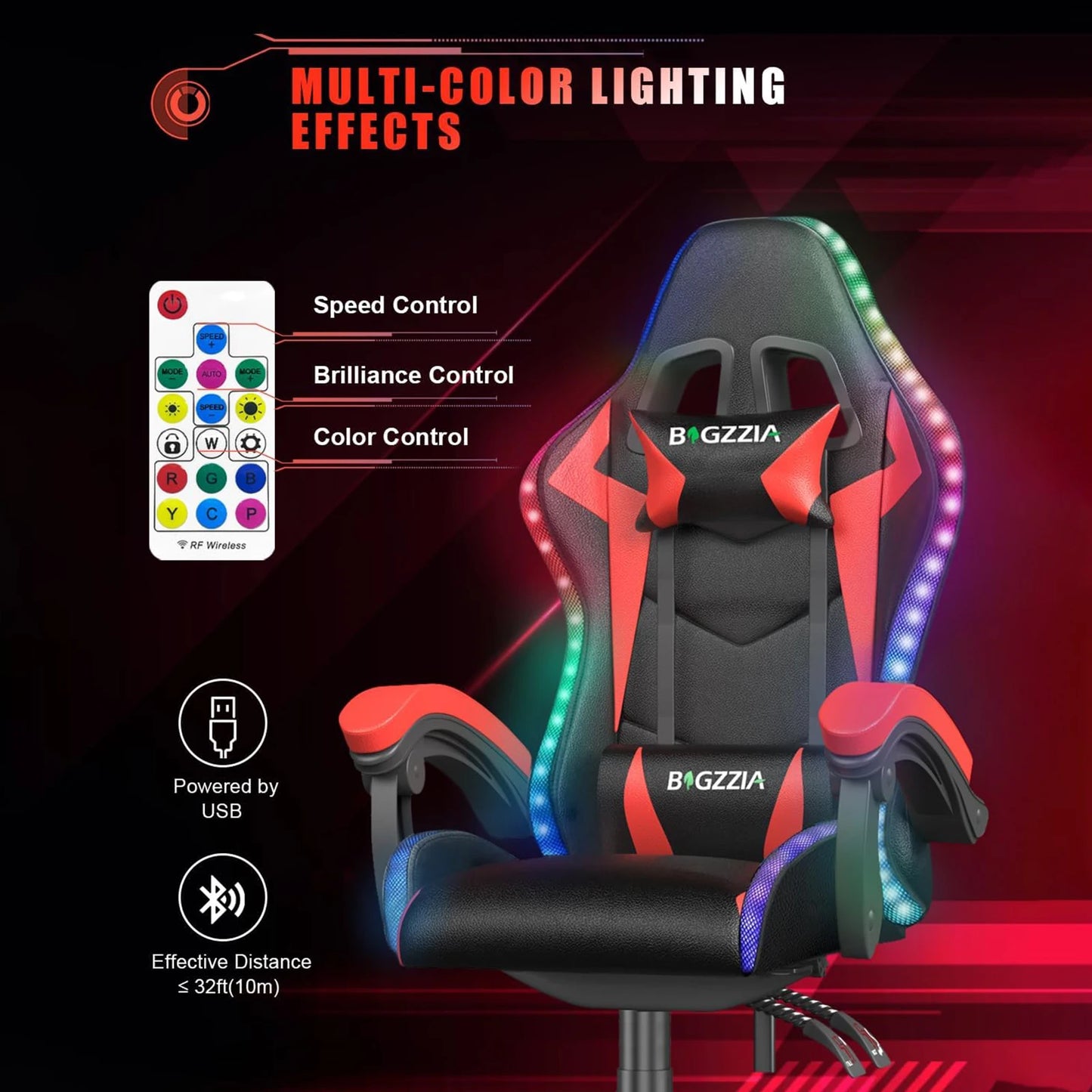 RGB Gaming Chair With LED Lights And Ergonomic Headrest