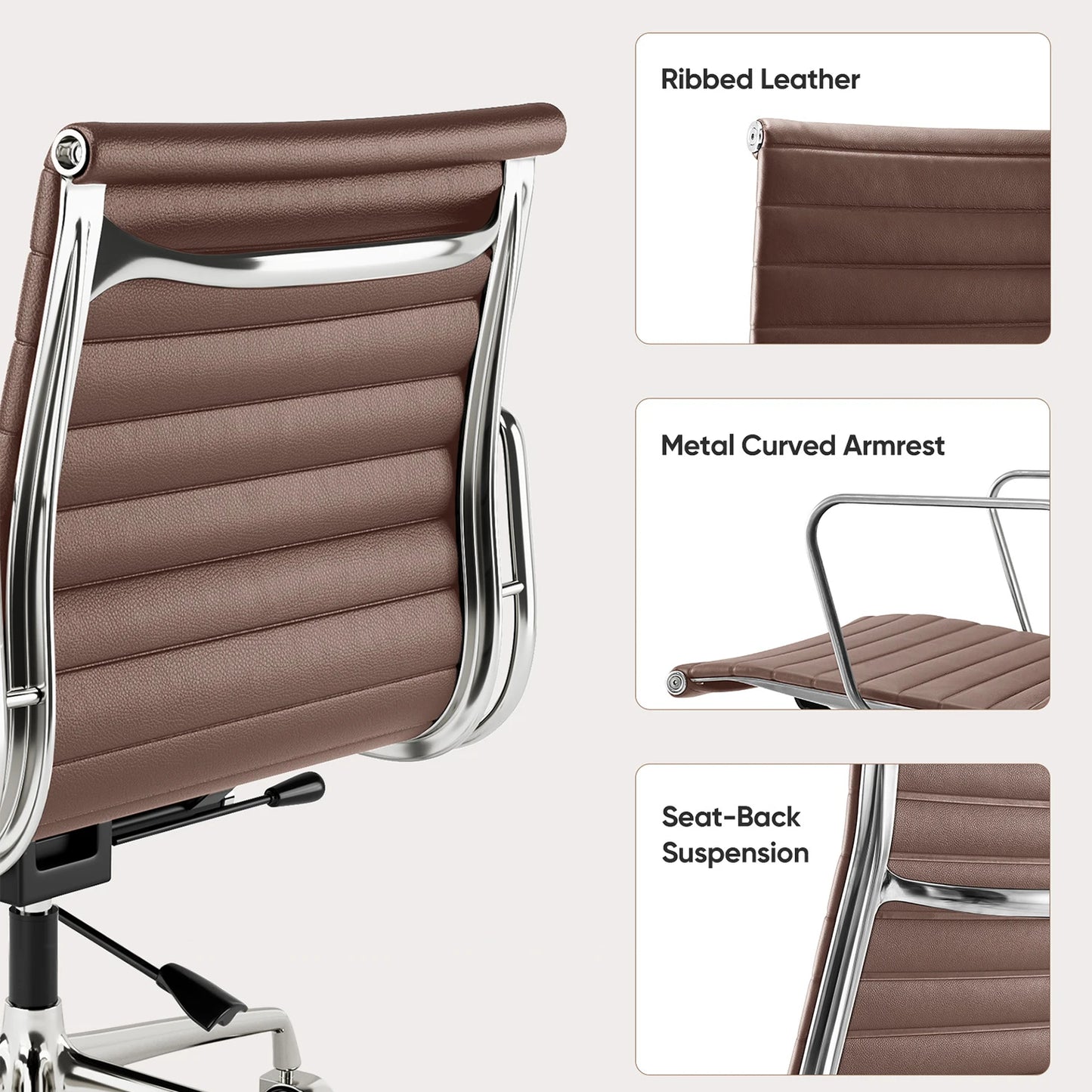 Low Back Brown Leather Office Chair Aluminum Frame Swivel